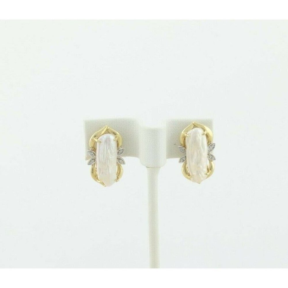14k Yellow Gold Keshi Pearl and Diamond Earrings Lever Back Earrings - Picture 5 of 11